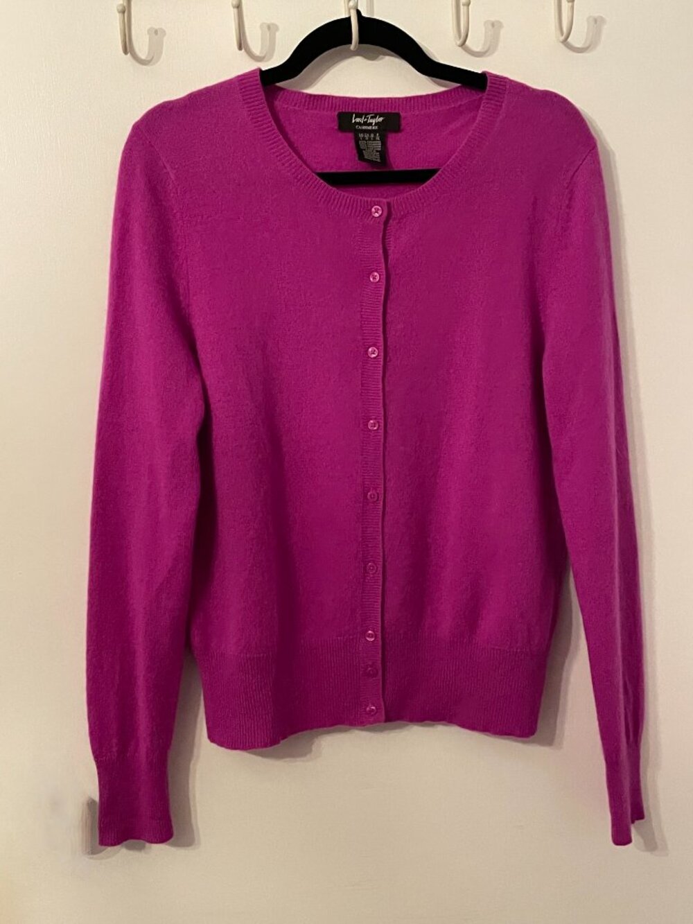 Lord & Taylor 100% Cashmere Cardigan Magenta Pink Buttoned Crew Neck Sz L